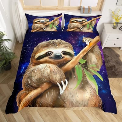 Schattige Luiaard Dekbedovertrek Waterverf Bloemen Beddengoed Set Lief Jungle Dier Dekbedovertrek Twin King Kawaii Luiaard Bedsprei Overtrek US Full(200*230cm)3pcs