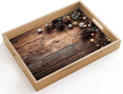 Dienblad hout 40x30 cm - Schootdienblad - Kersthoekdecoratie - Dennenappels - Lichtjes - Borrelplank rechthoek - Plateau dienbladen