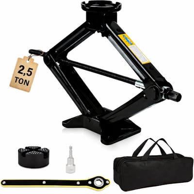 2.5T Schaarwagenkrik Set – 10–43 cm Hefhoogte – Incl. 6-kante slinger, 17 mm dop voor boormachine, rubber pad & draagtas – CE
