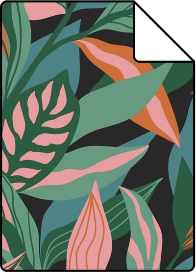 Proefstaal ESTAhome behang tropische bladeren turquoise, roze en oranje - 26.5 x 21 cm - 131046-S