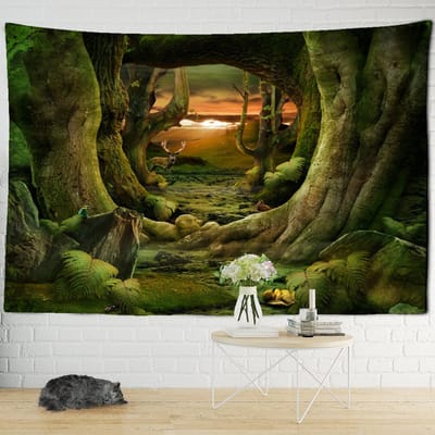 Tapisserie Murale Forêt Trou d'Arbre Lune Bohème Psychédélique Hippie Scène Magique Impression Polyester Décoration d'Intérieur 95x70CM brown