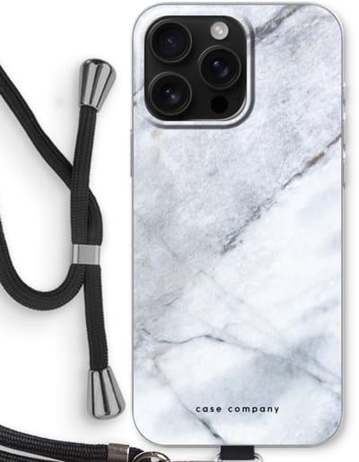 Case Company® - Hoesje met koord geschikt voor iPhone 16 Pro Max hoesje met Koord - Witte marmer - Telefoonhoesje met Zwart Koord - Bescherming aan alle Kanten en Over de Schermrand