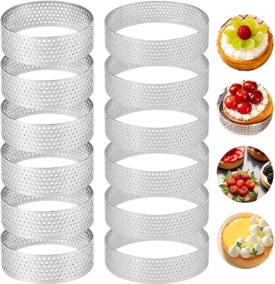 Dailygoods- Tartelette Vormpjes 12 Stuks - 8 cm/5 cm - Roestvrij Staal - Geperforeerde Ringen - Dessert Mousse Ring - Ventilatiegatstructuur - Bakvormpjes