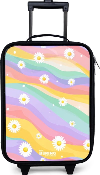 NoBoringSuitcases.com® - Kinderkoffer jongen - Kindertrolley meisje - Madeliefjes op regenboogachtergrond - Koffer kind lichtgewicht - Reiskoffer trolley voor kinderen - Koffertje met lichtgevende wieltjes - Rolkoffer zwart