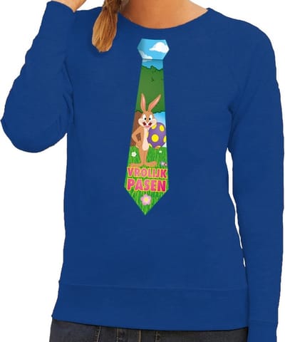 Blauwe Paas sweater met paashaas stropdas - Pasen trui voor dames - Pasen kleding S