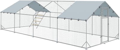PawHut Hühnerstall Freilaufgehege aus Stahl, 3 x 8 x 1,95 m Hühnerkäfig mit UV-beständiger Abdeckung, Futtertür, Hängefütterung, Sitzstange, Hühnergehege für 24-30 Hühner, Kleintiere, Silber
