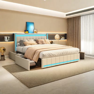 Modern LED-gestoffeerd bed, opbergbedframe met 4 lades en USB-oplaadpoorten, 140 x 200 cm, linnen stof, voor tieners, kinderen en volwassenen, Beige, zonder matras (verzonden in 2 pakketten)