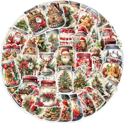 Kerststickers Set - 50 stickers met Kerstman, Koekemannetje, Kerstboom etc. in een glazen pot - Transparant 4x5CM - voor glazen, ramen, kerstkaart etc