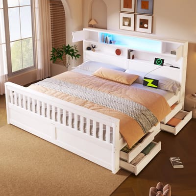 Tweepersoonsbed 180 x 200 cm - met opbergrek en lade - LED-verlichting - USB en vier lades - wit - zonder matras