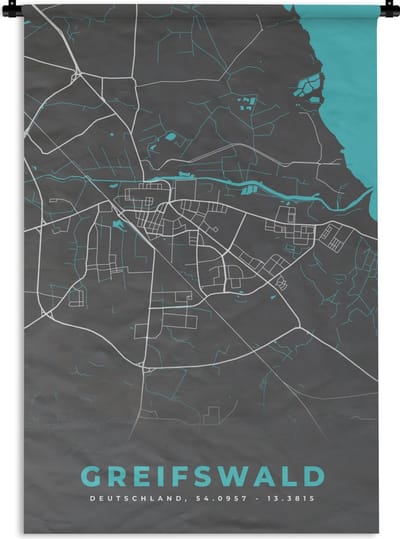 Wandkleed - Wanddoek - Stadskaart – Kaart – Greifswald – Blauw – Duitsland – Plattegrond - 120x180 cm - Wandtapijt