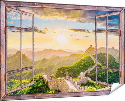 Gards Tuinposter Doorkijk De Chinese Muur door de Bergen met Zon - 180x120 cm - Tuindoek - Tuindecoratie - Wanddecoratie buiten - Tuinschilderij