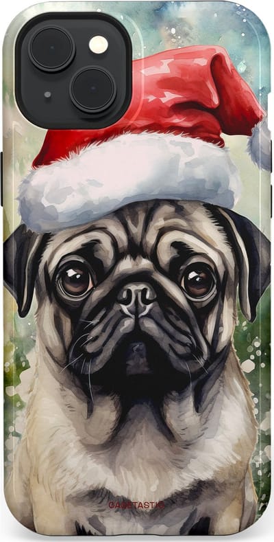 Casetastic hoesje geschikt voor Apple iPhone 15 Plus - MagSafe - Dubbellaagse bescherming - Aquarel Kerstmis Pug Hond - Fashion Case - Grijs Taupe Donkergrijs Saliegroen
