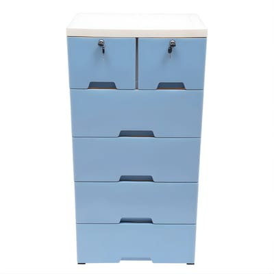 Ladenkast met 6 Lades – Verrijdbaar met 4 Wielen – Opbergkast met Slot – Voor Slaapkamer en Woonkamer – 50x35x102 cm – Wit en blauw