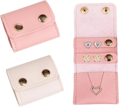 Mini Reiskosmetiektas voor Sieraden - Vouwbare Tas met Sluiting voor Kettingen, Oorbelletjes en Armbanden (Beige + Roze)