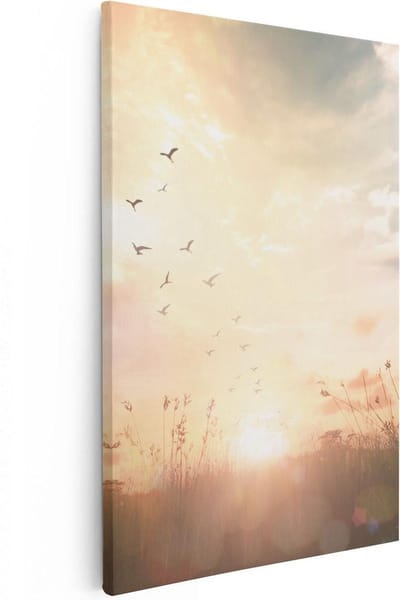 Artaza Canvas Schilderij Vogels - 20x30 cm - Klein - Wanddecoratie Zonsondergang - Muurdecoratie Landschap - Kamer Accessoires Natuur