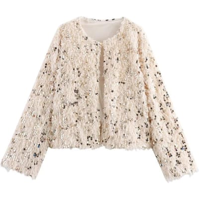 Nieuwe Stijl Veelzijdig Jasje met Pailletten en Veerdesign voor Dames Lente en Herfst Temperament Elegant L white