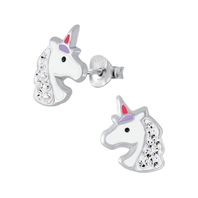 Zilveren oorstekers - Ear Jewels - eenhoorn - kristallen - kind