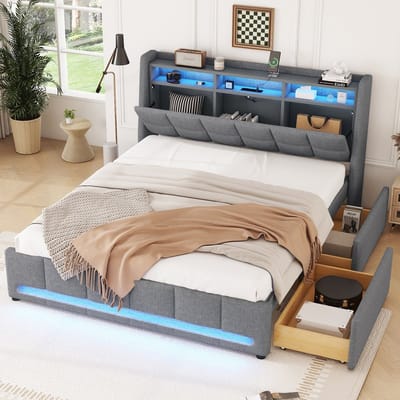 Sweiko Tweepersoonsbed - 140 x 200 cm - LED-verlichting - USB-poorten - 2 lades - Linnen - Grijs