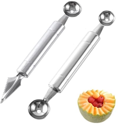 2 stuks-Fruitlepel - meloenlepel - snijgereedschap - fruitsnijder - RVS - fruitsnijgereedschap - geschikt voor zelfgemaakte fruitsalades - zilver - meloenlepel 21,5*2,5 cm - snijgereedschap 21,5*3 cm
