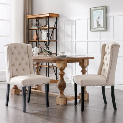 Eetkamerstoelen - Set van 2 - Eetkamerstoel met Eikenhouten Poten - Moderne Stoel - Knopen Details - Chromen Nagelkop Afwerking - Keukenstoel - Woonkamerstoel - Slaapkamerstoel - Lounge Stoel - Vrijetijdsstoel - Beige