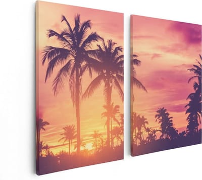 Artaza Canvas Schilderij Tweeluik Tropische Palmbomen Met Zonsondergang - 80x60 - Foto Op Canvas - Canvas Print