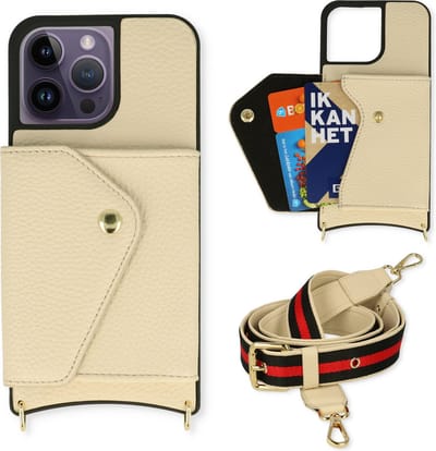 Casemania Hoesje Geschikt voor Apple iPhone 14 Pro - Wit - Back Cover met Verstelbare Band - Pasjeshouder / Koord