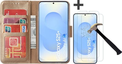 Hoesje met 2 Stuks Screenprotectors Geschikt voor Samsung Galaxy S25 Plus – Arara bookcase met pasjeshouder - Goud