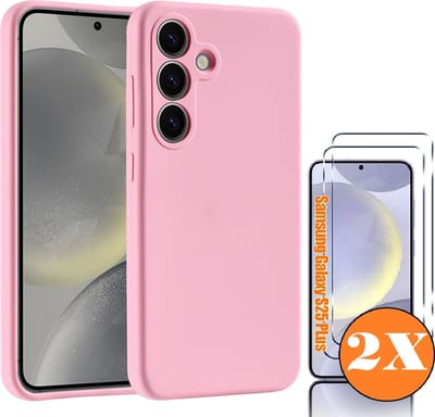 Hoesje geschikt voor Samsung Galaxy S25 Plus Hoesje siliconen Licht Roze zacht TPU backcover - Met gehard glas screenprotector Galaxy S25 Plus / S24 Plus - 2 stuks