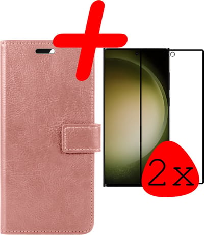 Hoesje Met 2x Screenprotector - Geschikt voor Samsung Galaxy S23 Ultra - Luxe Pasjeshouder - Bookcase Portemonee - Flip Case - Kunstleer Book Case - Flipcase Hoes - Book Cover - Walletcase - Portemonneehoes - Rosé goud