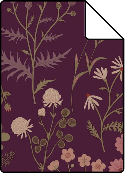 Proefstaal ESTAhome behang veldbloemen aubergine paars - 26.5 x 21 cm - 131637-S