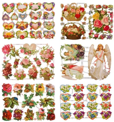 Poëzieplaatjes - 6 vellen - plaatjes - hobby - creatief - decoupage - knutselen - scrapboek - met BLOEMEN - HARTJES - ENGELEN