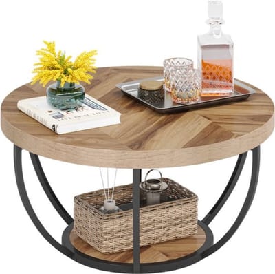 CORE Industriële Salontafel - Ronde bijzettafel - 2-laags - Koffietafel - Woonkamer tafel - 80x44cm - Modern hout met zwart metaal