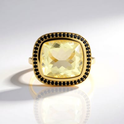 Cavill - Zilveren ring met vergulde afwerking - 21,6 ct limoenkwarts antiek geslepen - 46 zwarte spinellen 0,83 ct - luxe handgemaakte edelstenen ring