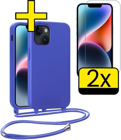 Hoesje Geschikt voor iPhone 13 Mini Hoesje Met Koord Met 2x Screenprotector Siliconen Case - Hoes Geschikt voor iPhone 13 Mini Backcover Met Afneembaar Koord - Felblauw