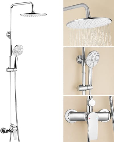Auralum Max Compleet Douchesysteem - Doucheset - Regendoucheset - 10 inch Douchekop - 3 Standen Handdouche - Rond Design - Hoogte Verstelbaar 93-130 cm - Wandmontage - Chroom