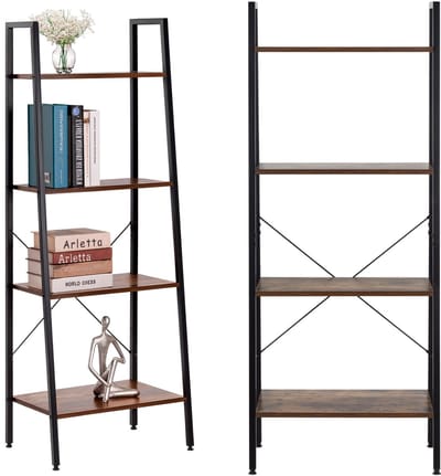 Springos Boekenkast - Ladderrek - Rek - 4 Etages - 138x56x34 cm - 100 KG - Gepoedercoat Metaal - Donkerbruin/Zwart