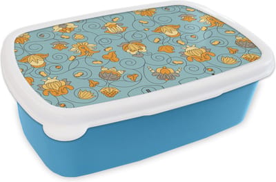 Broodtrommel Blauw - Lunchbox - Brooddoos - Patronen - Vintage - Bloemen - 18x12x6 cm - Kinderen - Jongen