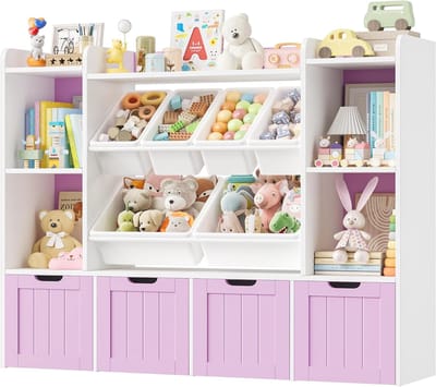 140 cm Kinderrek met 4 Wielen en 6 Plastic Dozen - Opbergrek voor Speelgoed en Boeken in de Kinderkamer