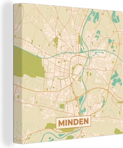 Canvas Schilderij Minden - Plattegrond - Kaart - Stadskaart - Vintage - 20x20 cm - Wanddecoratie