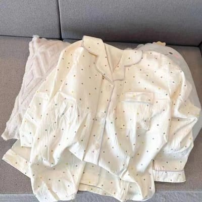 Herfst Dames 2-delige Sets Print Polka Dot Zoet Kawaii Pyjama Set Singer Breasted Top en Broek Dames Casual Pyjama Sets XL white