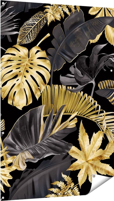 Gards Tuinposter Gouden Tropische Bladeren - 100x150 cm - Tuindoek - Tuindecoratie - Wanddecoratie buiten - Tuinschilderij