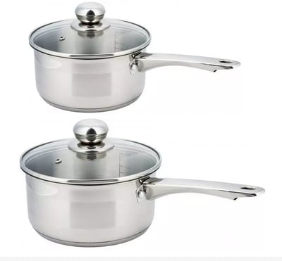 2 x steelpan / sauspan - steelpan met glazen deksel - Ø12 en Ø14 cm - RVS - 0,5 liter en 1 liter