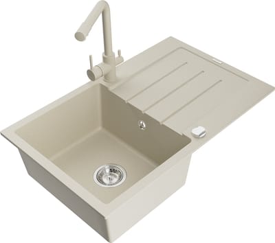 Mexen Bruno granieten gootsteen met 1 bak en afdruiprek en Duero keukenmengkraan, beige - 6513-69-671600-69