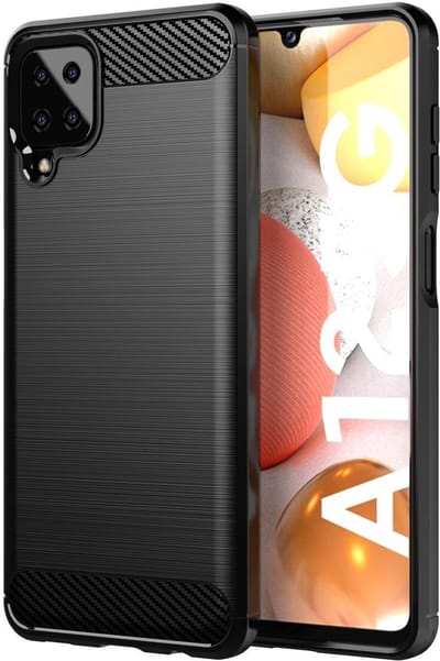 Cadorabo Hoesje geschikt voor Samsung Galaxy A12 / M12 in Brushed Zwart - Beschermhoes van flexibel TPU siliconen in roestvrij staal-carbonvezel look Case Cover