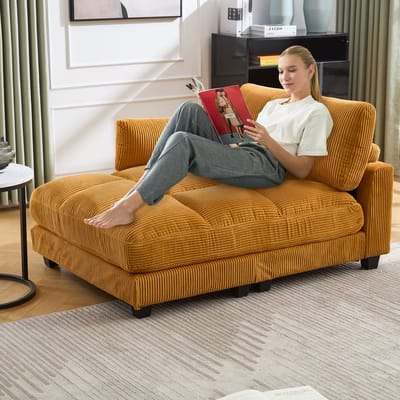 STILVORA Lounge Sessel - Moderne Design met USB-oplaadfunctie - Comfortabel met Kussen en Twee Kopjeshouders - Voor Woonkamer en Slaapkamer - Mosterdgeel - Corduroy