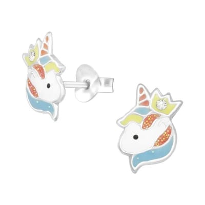 Aramat Jewels | Oorbellen | Unieke Zilveren Unicorn Oorbellen - Kristal & Emaille | | | |10mm | Zilver | Kinderen | Verkleurd niet