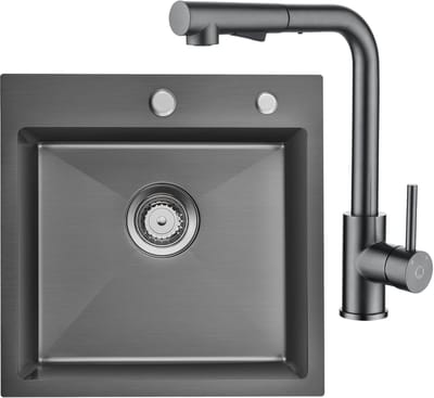 Auralum max Spoelbak voor keuken 45x45cm - Spoelbakken Keuken Met Keukenkraan Met Uittrekbare Uitloop - Wasbak Keuken Antraciet - Wasbak met waterafvoersysteem - RVS