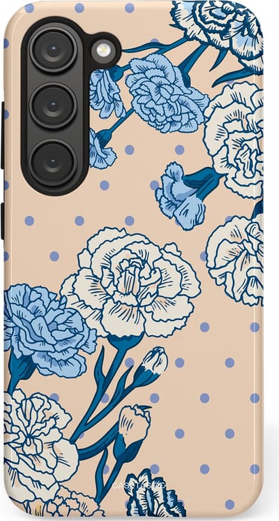Casetastic hoesje geschikt voor Samsung Galaxy S23 - Dubbellaagse bescherming - Anjer elegantie - Fashion Case - Zand Zilver Lichtblauw