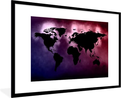 Fotolijst incl. Poster - Wereldkaart - Zwart - Roze - 90x60 cm - Posterlijst