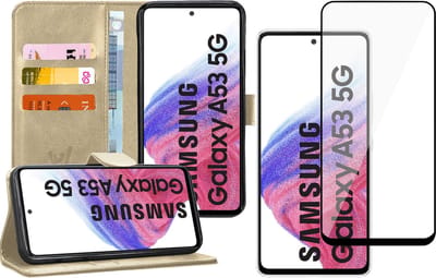 Hoesje geschikt voor Samsung Galaxy A53 - Book Case Kunstleer Wallet Cover Portemonnee Pasjeshouder Hoes Goud - Full Tempered Glass Screenprotector